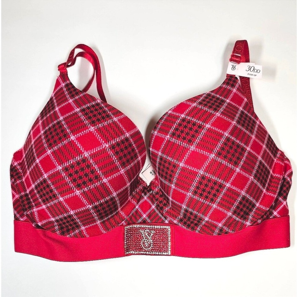 Victoria's Secret Shine Patch T-Shirt Push Up Bra 30DD Red Plaid NWT